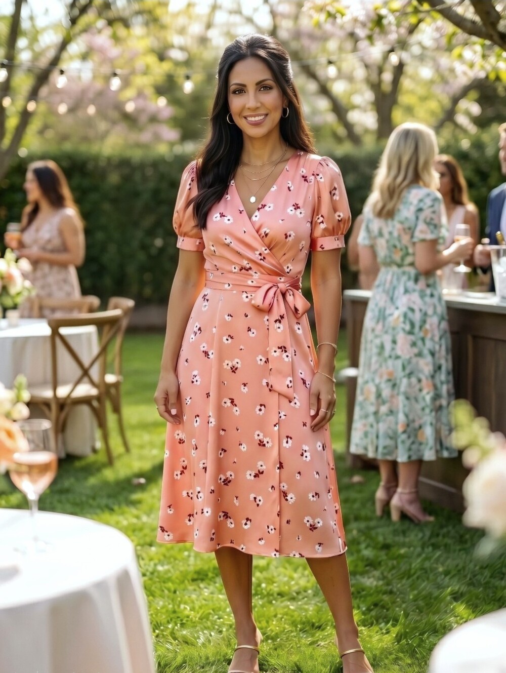 DKNY Coral Pink Floral Wrap Midi Dress